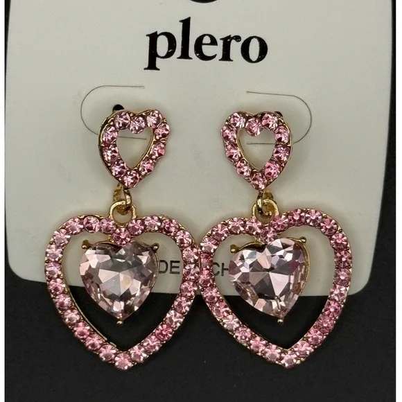 Heart‎ Dangle Earrings Pink Crystal Gold Tone Romantic Jewelry - Picture 3 of 4